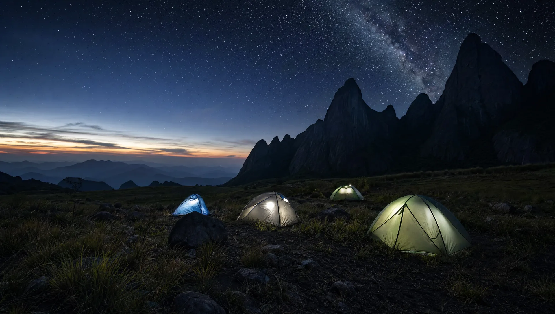 Barracas iluminadas ao anoitecer em acampamento de montanha com a Via Láctea